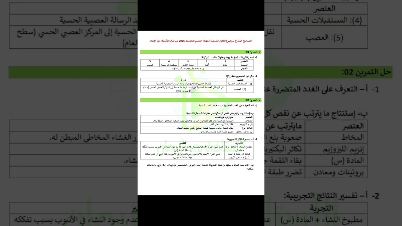 التصحيح المقترح لموضوع العلوم الطبيعية لشهادة التعليم المتوسط BEM 2025