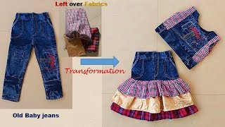 Transform Old Baby jeans To Designer Skirt Top Full Tutorial