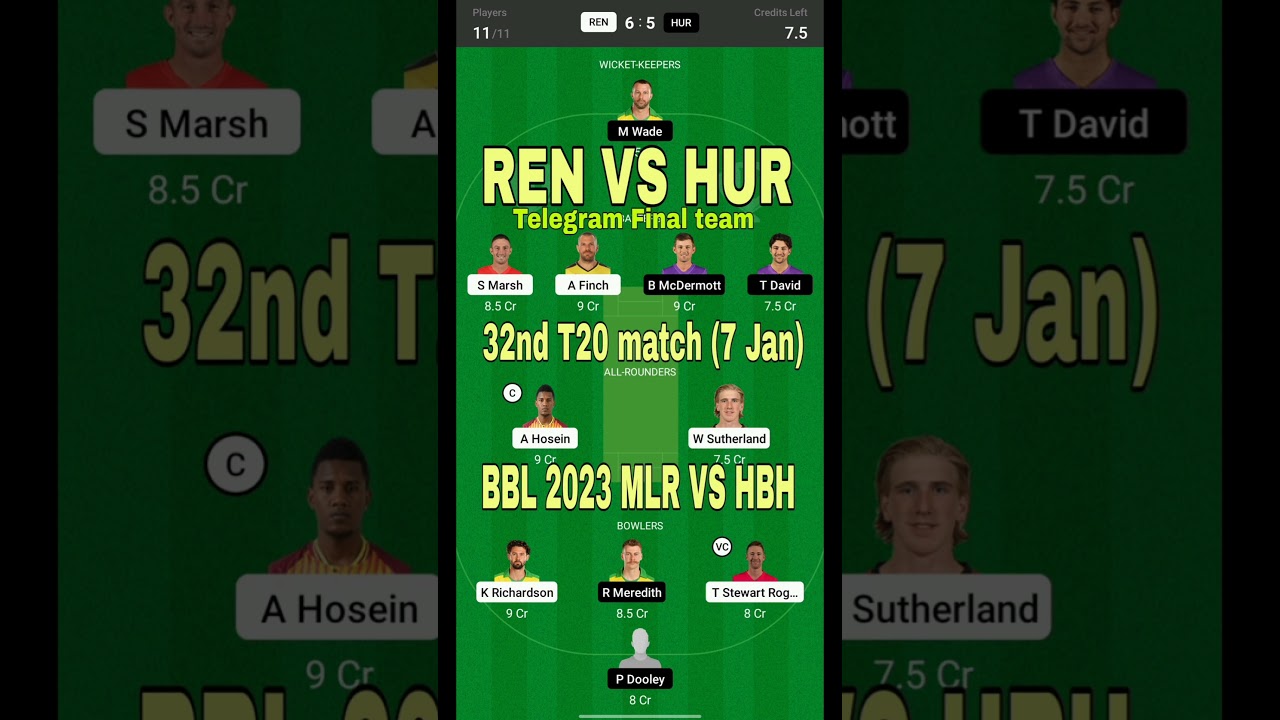 MLR vs HBH DREAM11 TEAM |REN vs HUR Dream11 match prediction|HUR vs REN Dream11 32nd T20 BBL 2022-23