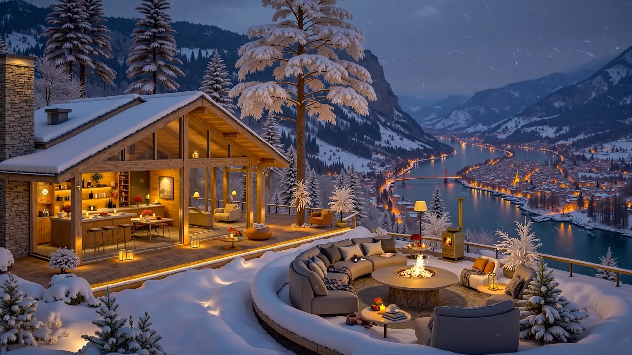 Warm Winter Jazz by the Fireplace at a Luxury Snowy Riverside Getaway | Gentle Snow for Deep Relax❄️