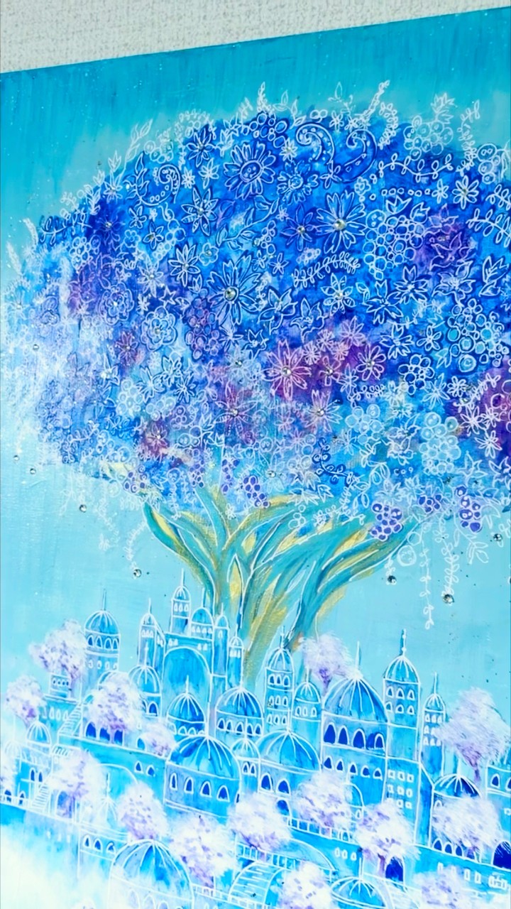 雲の上に咲いた、花の街。#アクリル画 #幻想アート #抽象画 #shorts