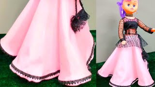 pink skirt with black net top for doll/How to make long skirt/cutting and stitching/Design Doll