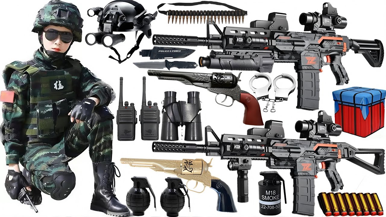 Special Police Weapons Toy set Unboxing-M416 guns, Gas mask, Glock pistol, Dagger grenade,RPG,AK-47,