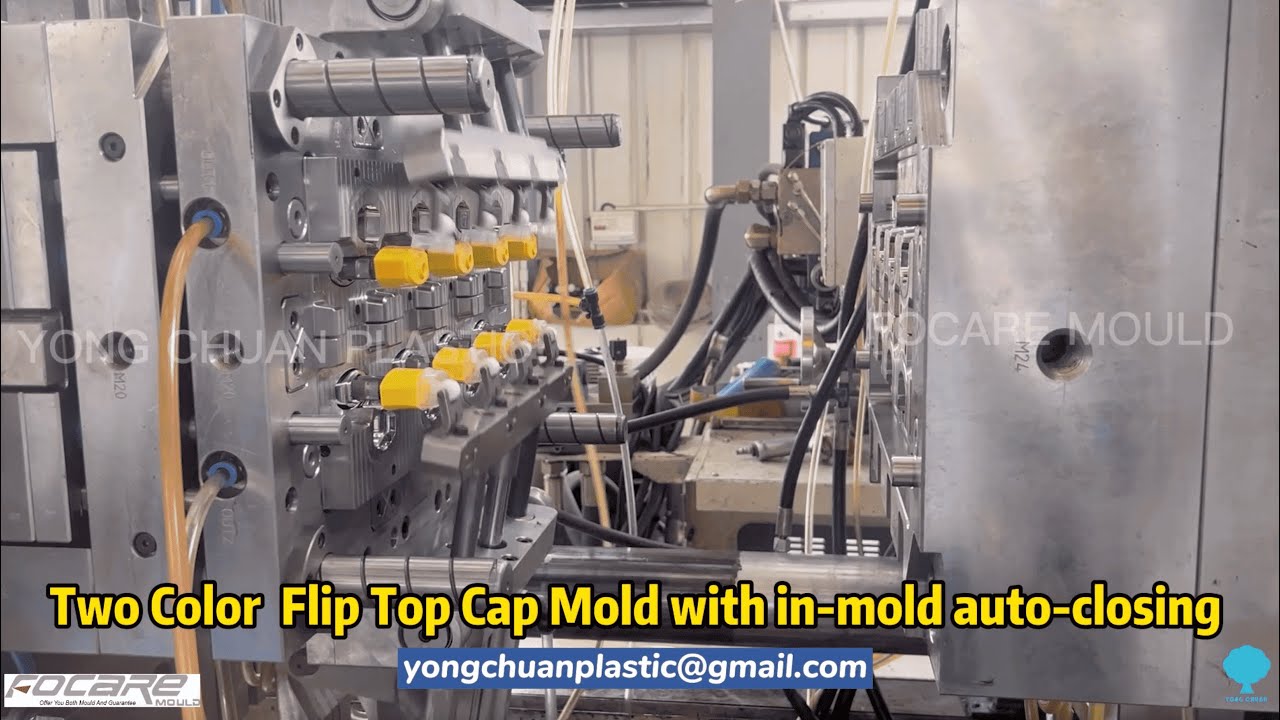 Two Color Flip Top Cap Mold with in mold auto closing - Yong Chuan Plastic two-color 2k mold maker