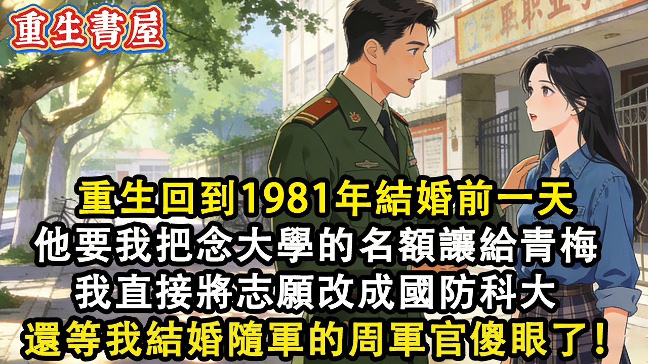 【重生爽文】重生回到1981年結婚前一天 他要我把念大學的名額讓給青梅  我直接將志願改成國防科大 還在等我結婚 去隨軍的周軍官傻眼了！#小說 #重生 #爽文#動漫#故事