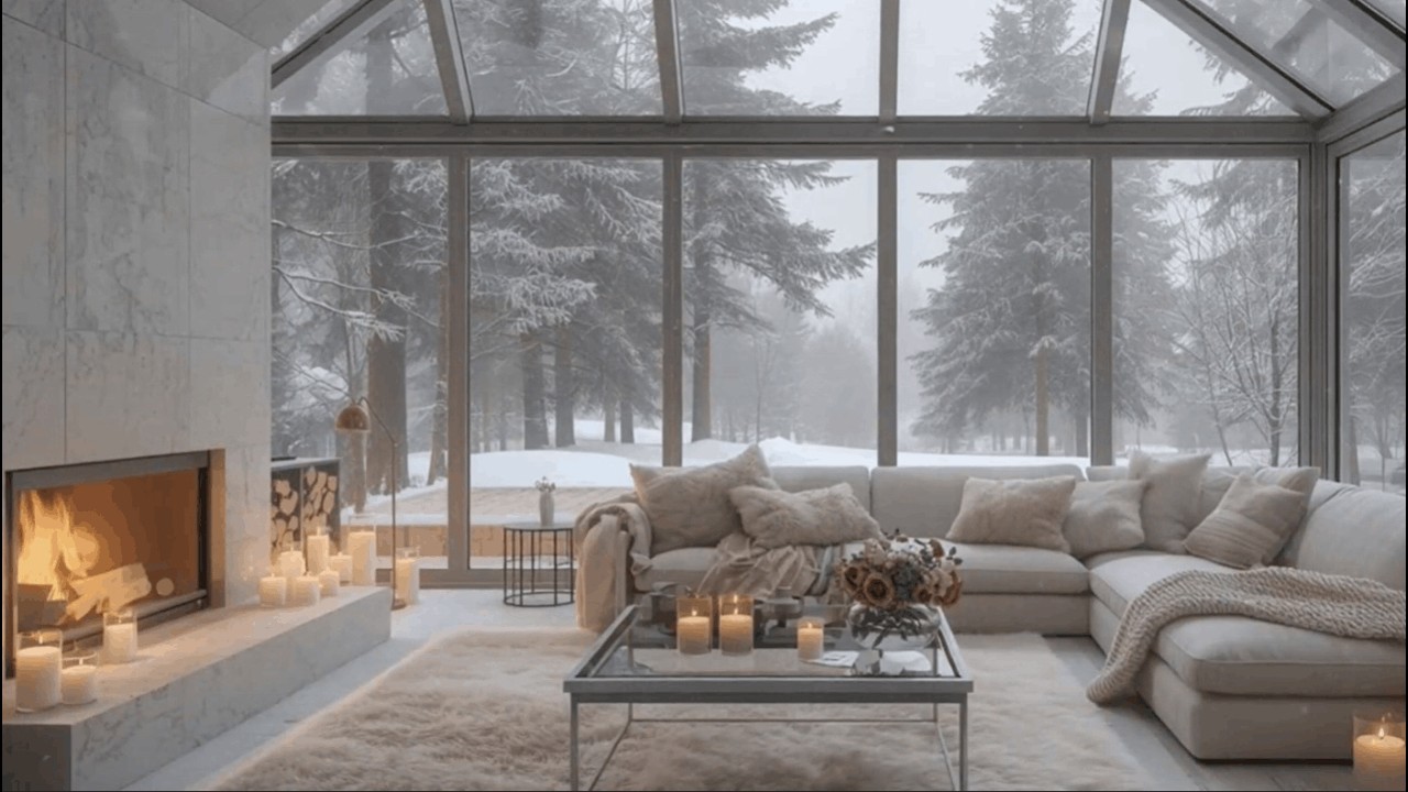 Tranquil Winter Cabin Living Room ❄️ Piano & Fireplace for Stress Relief