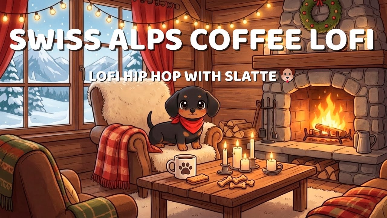 SWISS ALPS COFFEE CABIN 🏔️ Lofi Hip Hop with Slatte 🐶 Warm Fireplace & Snow Ambience Relaxing Beats