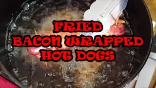 Deep Fried Bacon Wrapped Hot Dogs