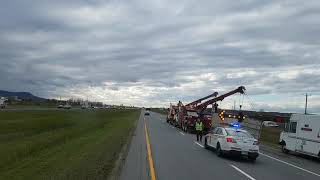 Tractor trailer tow. Truck and trailer. Container. Highway A-20. Quebec. Canada.