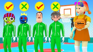 Scary Stranger 3D vs Squid Game - Tani and Rainbow Friends Win Neighbor Basketball Throwing Game