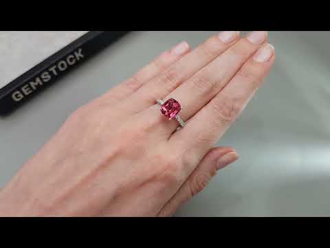 Ring with pinkish-red tourmaline 3.63 carats and diamonds in 18K white gold Video  № 1