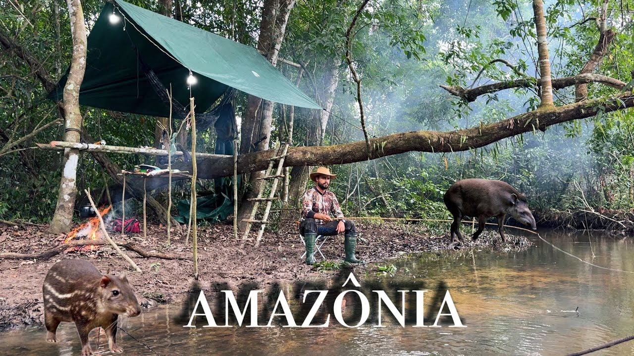 ACAMPAMENTO SUSPENSO no GROTÃO das piranhas, MACACOS, PACA, ANTA e AVES! Teve caldo de PIRANHA 🏕️🌳