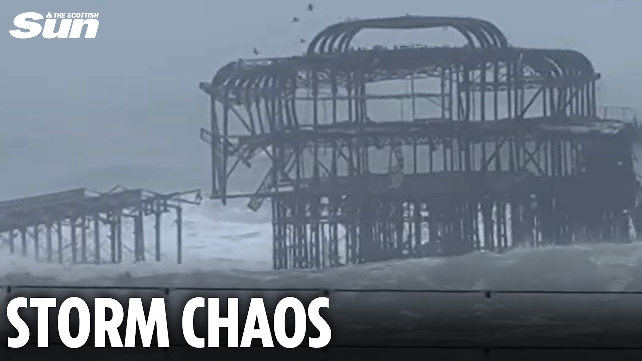 Shocking moment part of iconic Brighton pier COLLAPSES as Storm Austen heads towards Scotland