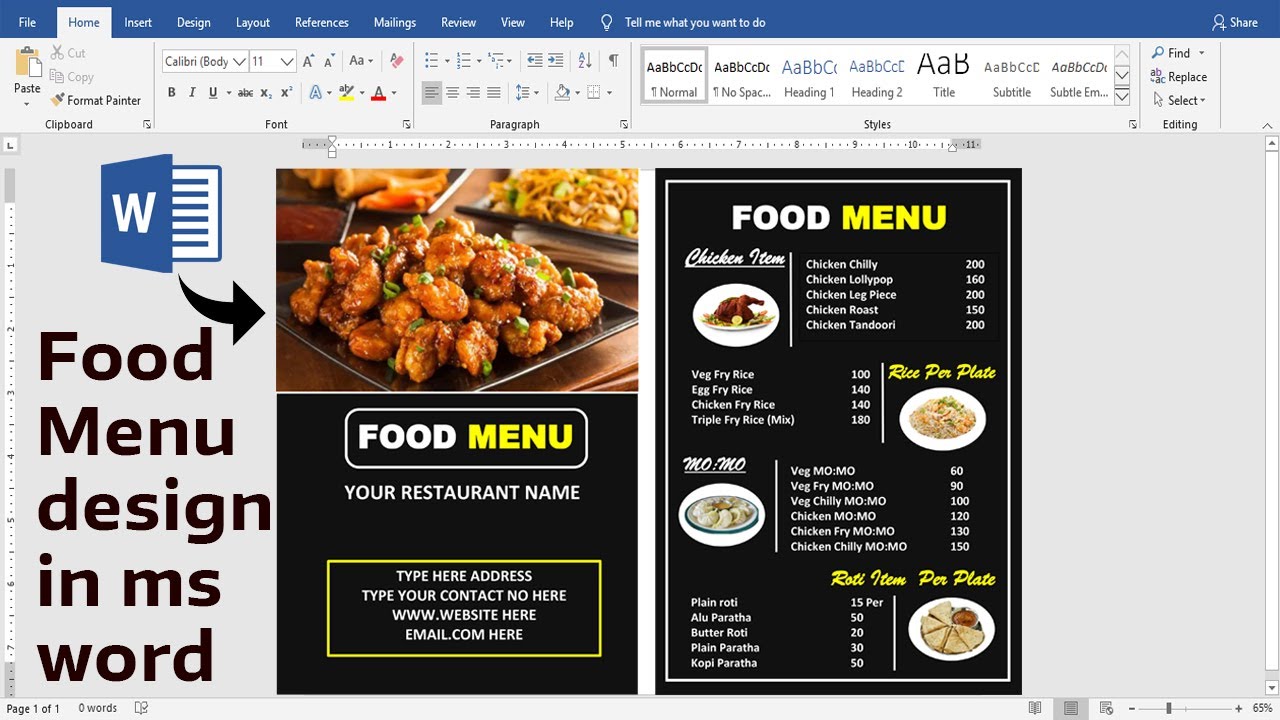 Food Menu design using ms word | Ready to Print | How to make