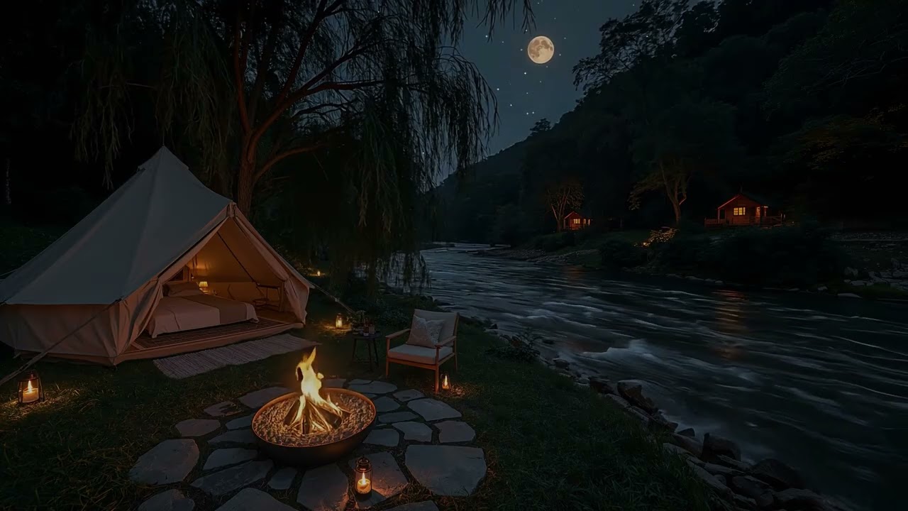 Full Moon Serenity by a Flowing River - A Cozy Tent with Campfire & Relaxing Water Sounds for Sleep