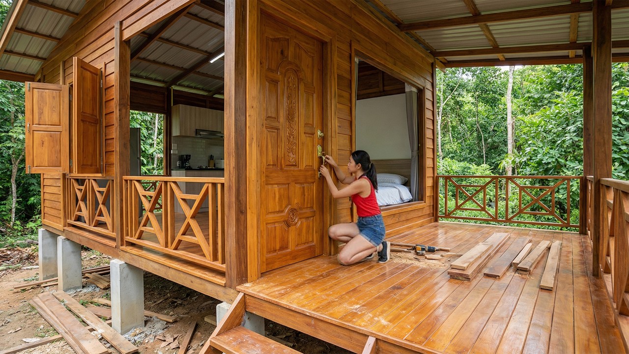 Talented Young Woman Builds Her Dream Wooden Cabin Alone in the Forest – Full Construction Journey