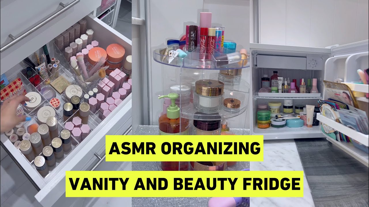ASMR Vanity & Beauty fridge cleaning & organizing! Makeup & SkinCare 🥹 YouTube