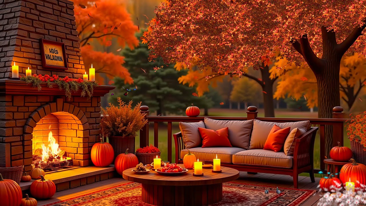 🍁 Cozy Autumn Cabin Porch 🎹 Piano Music with Fireplace & Falling Leaves ...