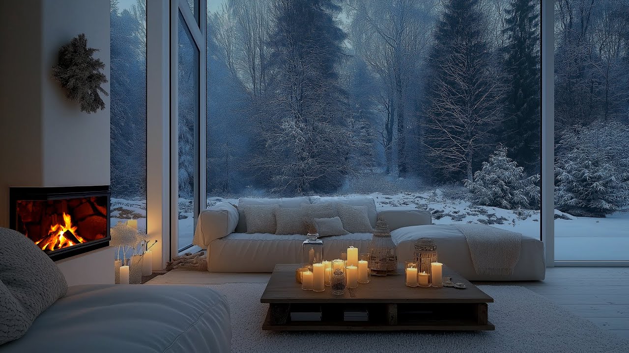 Cozy Winter Living Room Ambience with Snowy Forest View, Crackling Fireplace and Gentle Wind Sounds