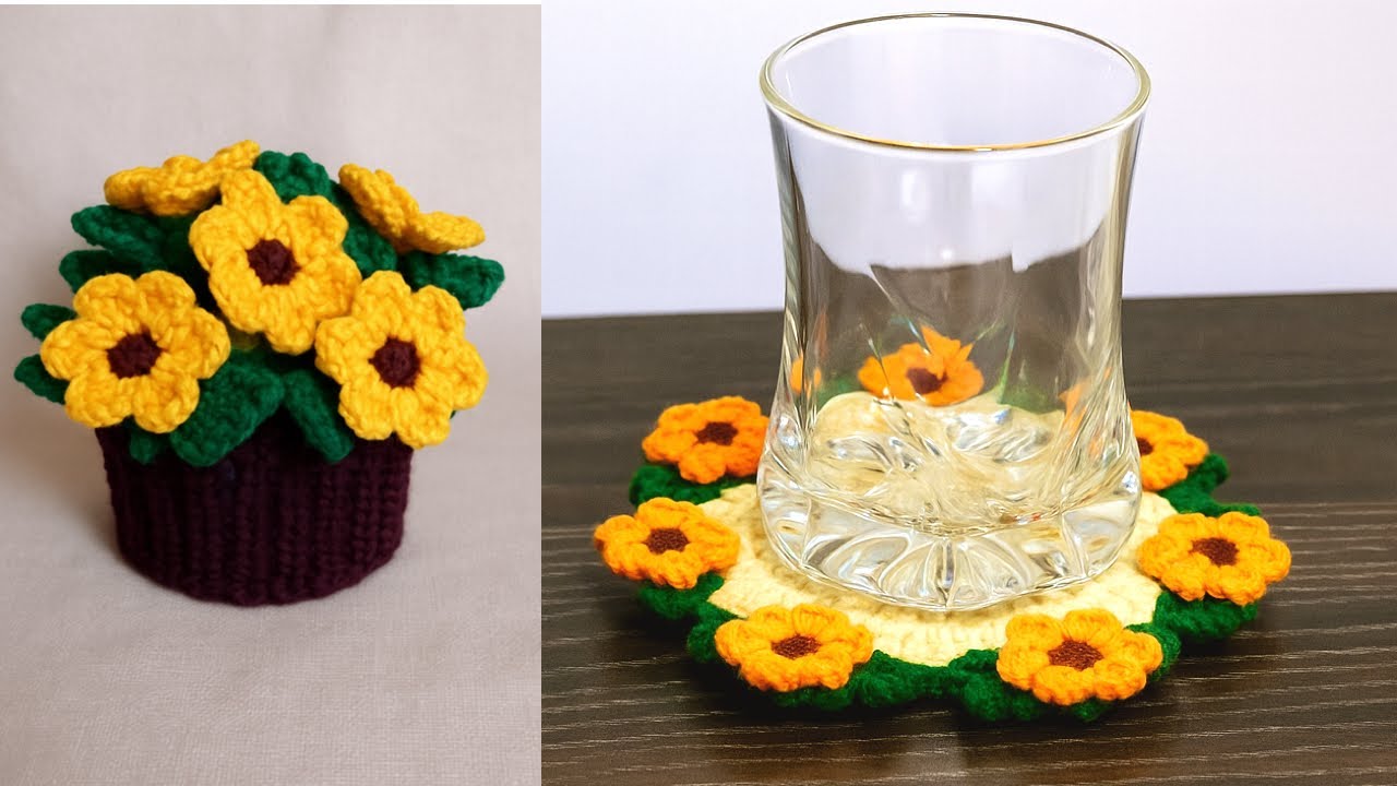 Crochet Flower coaster with pot tutorial Blanket sunflower🌻 |Beginner Friendly step by step tutorial