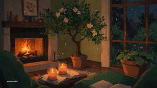 Lofi Fireplace | Moonlit Rainy Night by the Fire for Deep Sleep, Study & Calm 🌙🌧️🔥 — 3 Hours