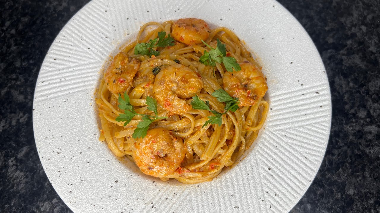 Delicious spicy creamy shrimps pasta