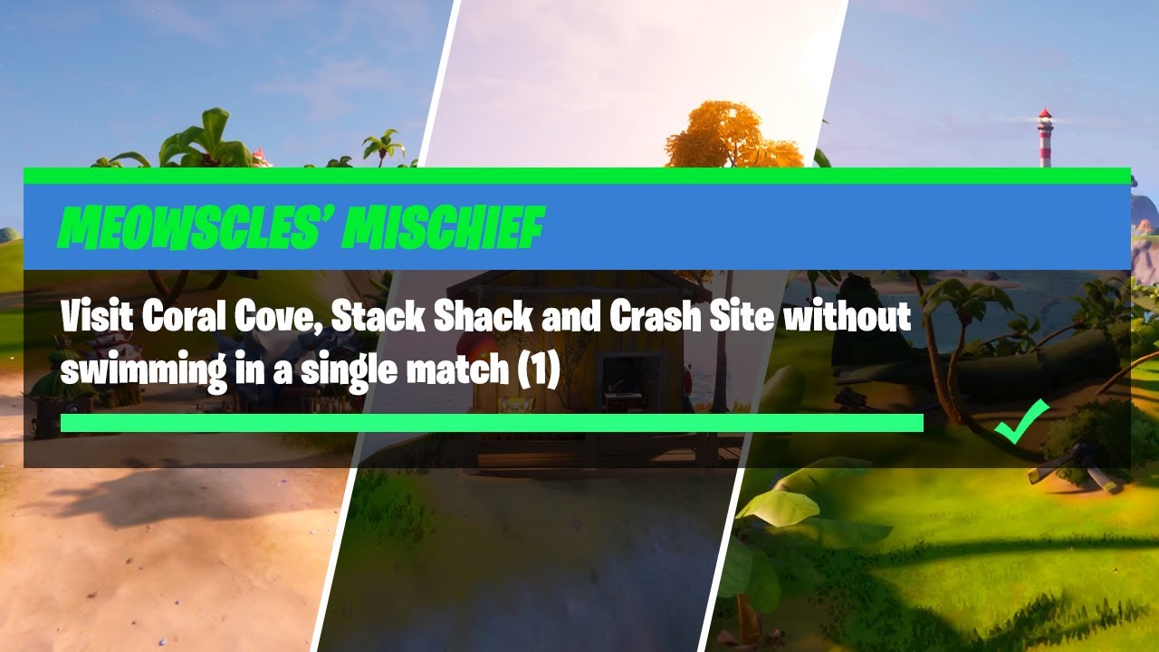 Visit Coral Cove, Stack Shack and Crash Site Without Swimming in a Single Match - Meowscles Mischief
