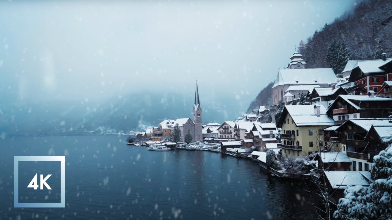 Scenic Snowfall Over Hallstatt, Austria - Relaxing Winter Walk with Nature Sounds