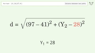 Find the distance between two points p1 (41,28) and p2 (97,81): Step-by-Step Video Solution