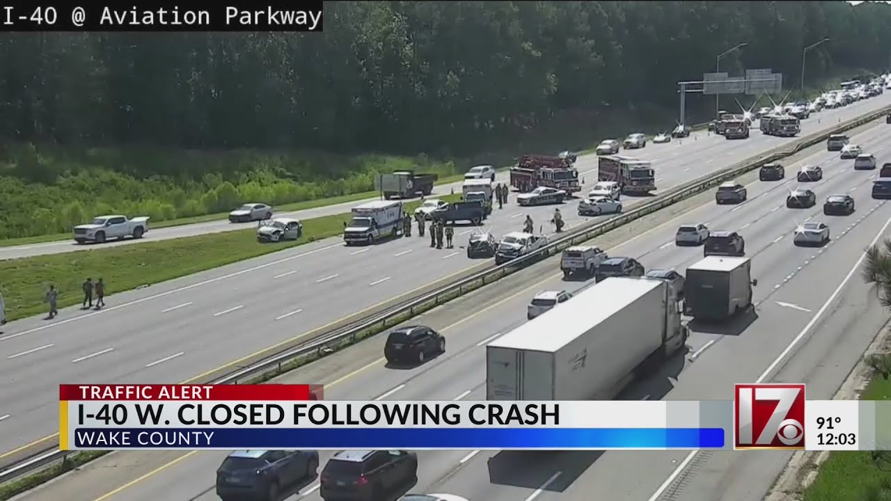 Crash shuts down I-40 West at Aviation Parkway in Wake County - YouTube