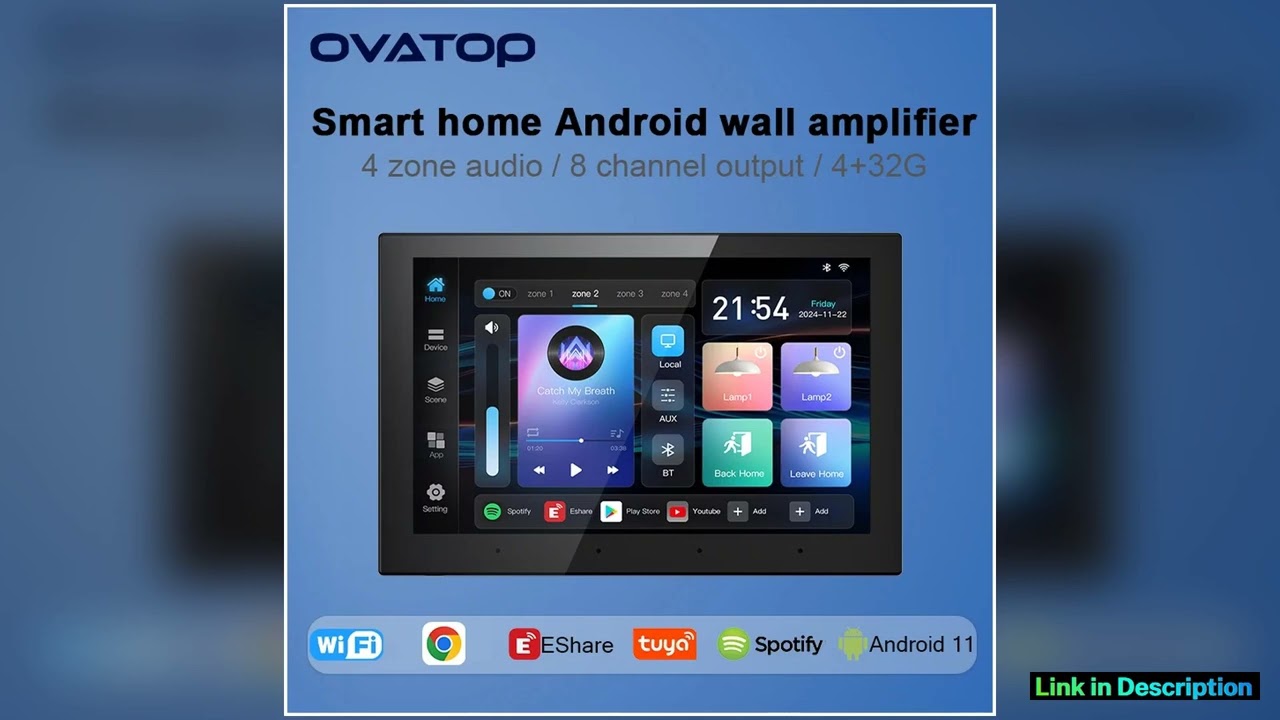 Smart home Android 11 system 4 zone audio in wall amplifier 432G TUYA controls panel 8 inch touch s