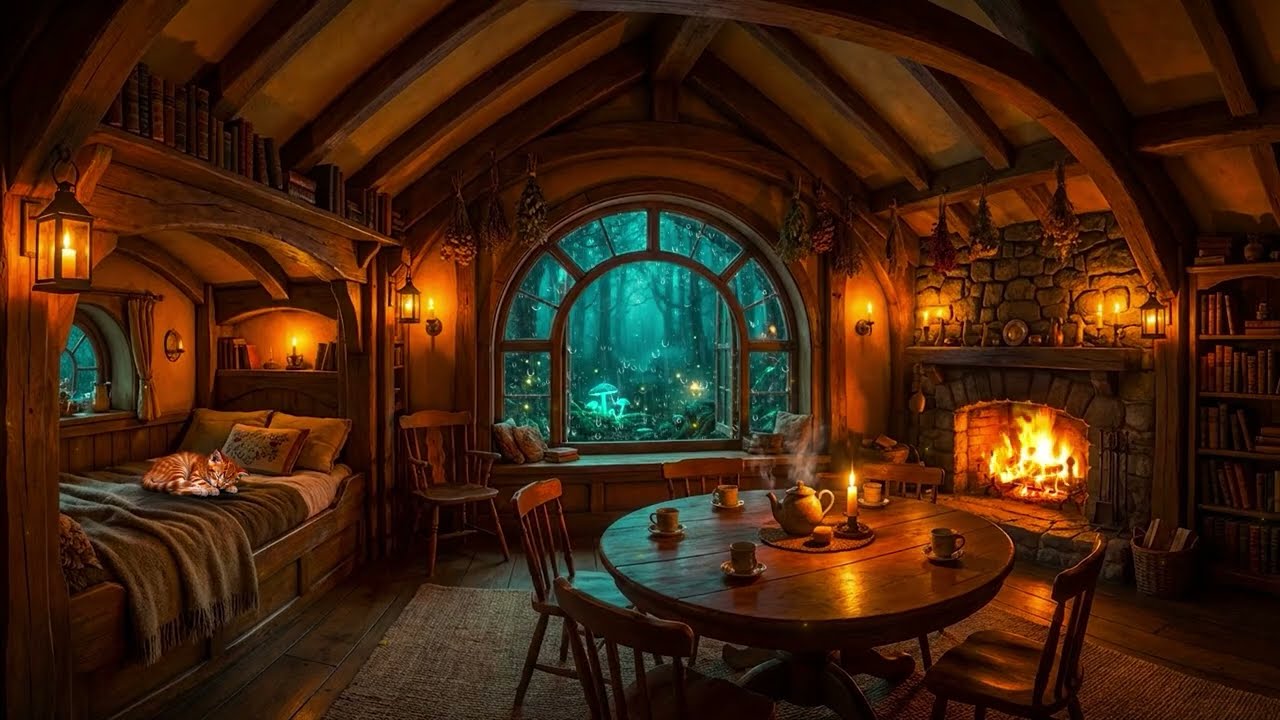 Rainy Night with a Sleeping Cat 🐱🌧️ Fireplace Sounds in a Cozy Cabin | No Ads