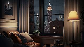 Cozy Bedroom With A Night View Of New York City | Rain Sounds, Sleep, Focus, Calm Ambience