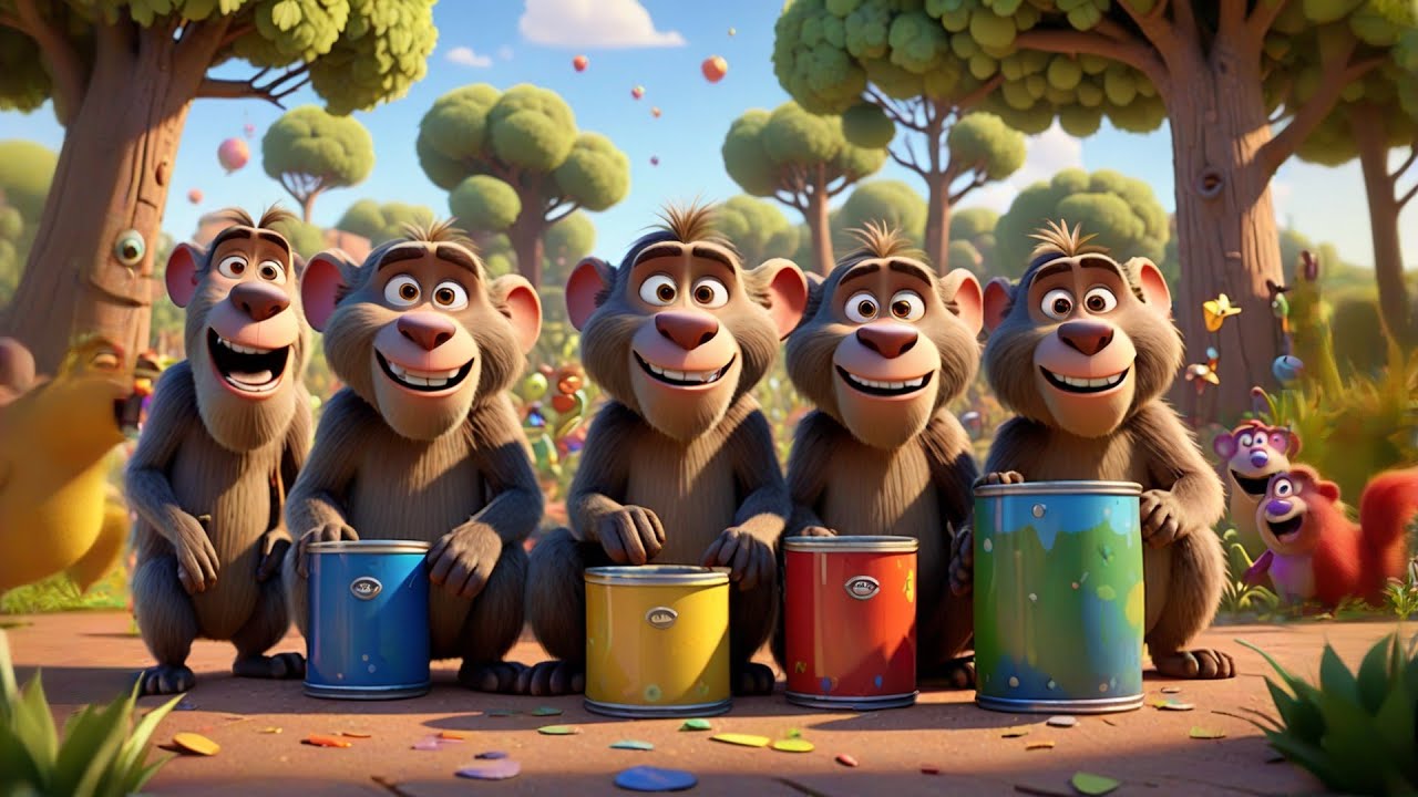 Five Little Baboons Drum on Cans + More Nursery Rhymes & Kids Songs