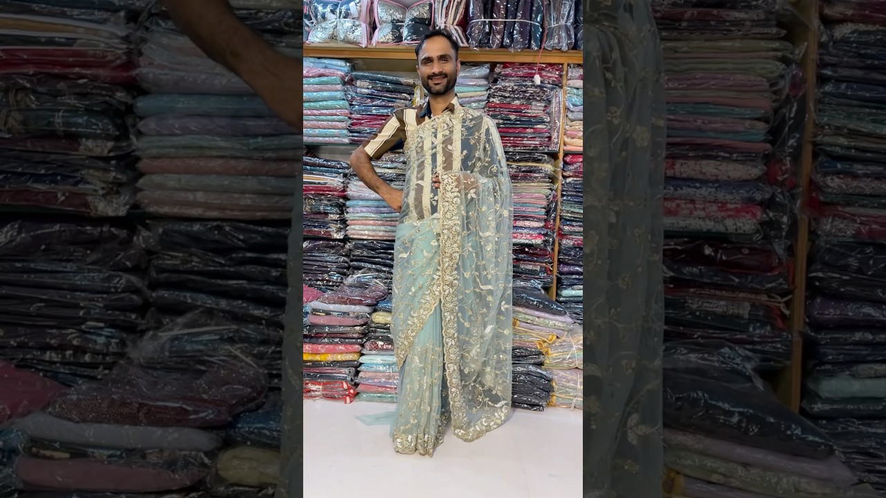 Silver stones Net cut Dana sky blue saree -/ light colour net saree -/ 