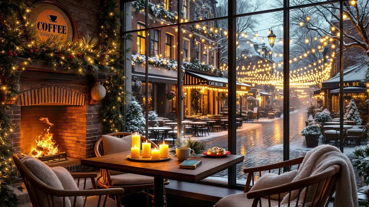 Peaceful Winter Jazz ❄️ Snowy Coffee Shop Vibes with Warm Fireplace Sounds for Focus & Study