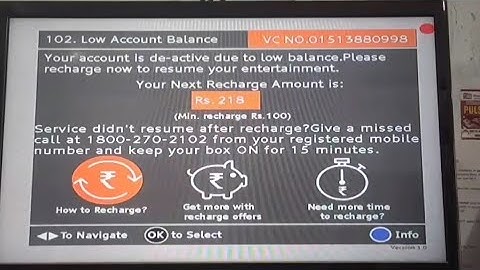 Dish TV | 102.Low Account balance | 101.Channel not subscribed | Refresh | problem solved |