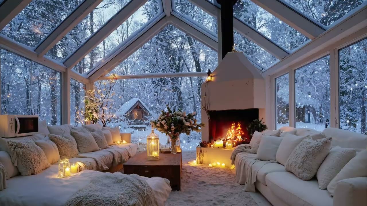 🔥🎼 Warm Cozy Piano Lounge | White Room Crackling Fire & Snow Outside 🎹 | Calm Relax Study Focus