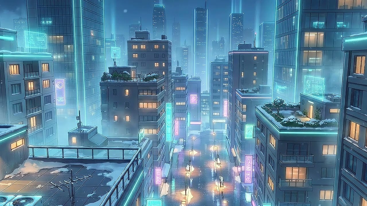 Futuristic Winter City From Above ❄️ | Calm Cyberpunk Lofi Night Ambie