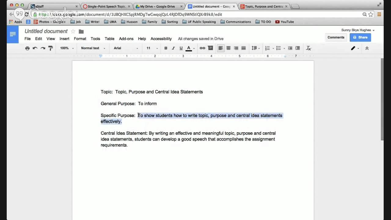Topic, Purpose and Central Idea Statements Video Tutorial with Dr. Hughes