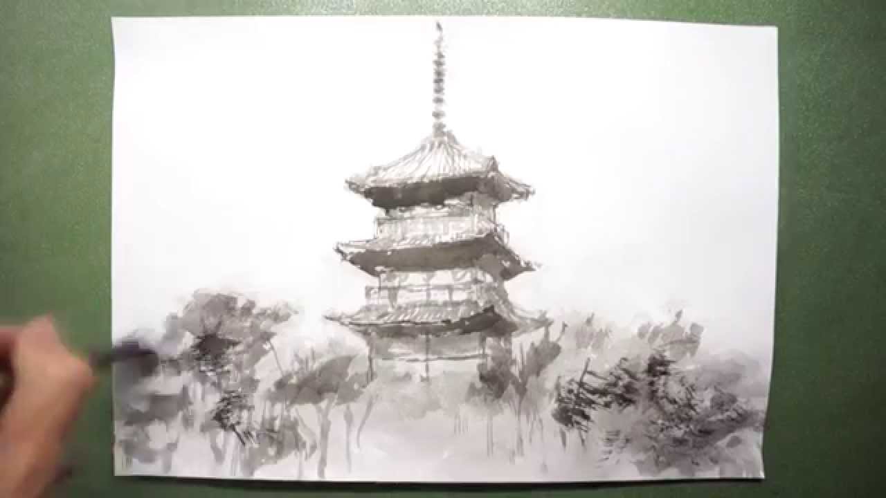 How To Draw 描き方 旧燈明寺三重塔 Formerly Tomyouji Three Story Pagoda を墨でデッサン 水墨画 的即興イラスト Youtube