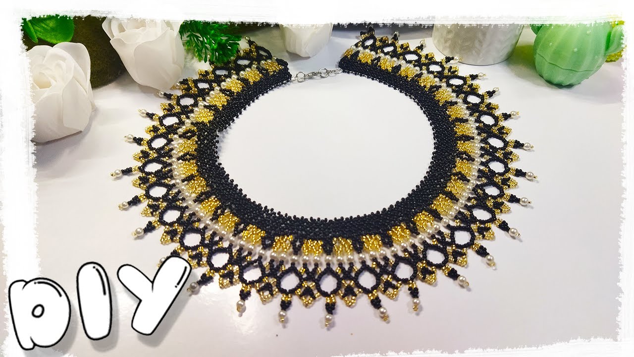 DIY ЧЕРНО-ЗОЛОТОЕ КОЛЬЕ из бисера. Бисероплетение
