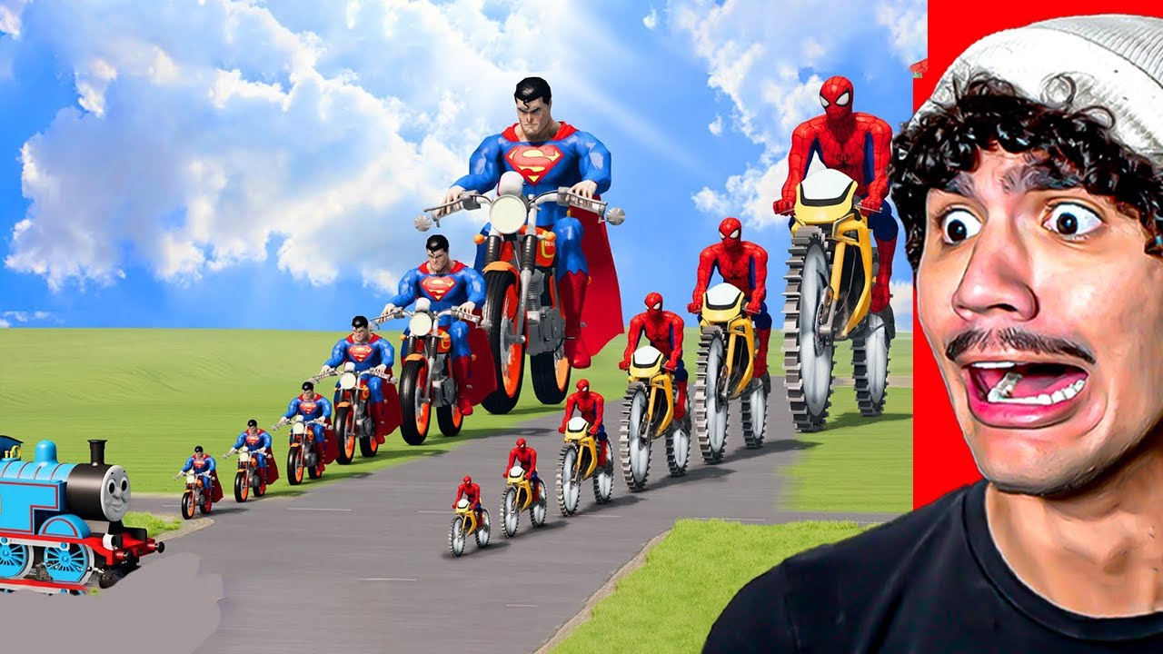 Reagindo a Homem-Aranha Grande e Pequeno com Rodas de Serra vs Superman de Moto vs Thomas o Trem