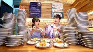 I won the sushi eating contest with my friend 🍣Challenge mukbang eating show
