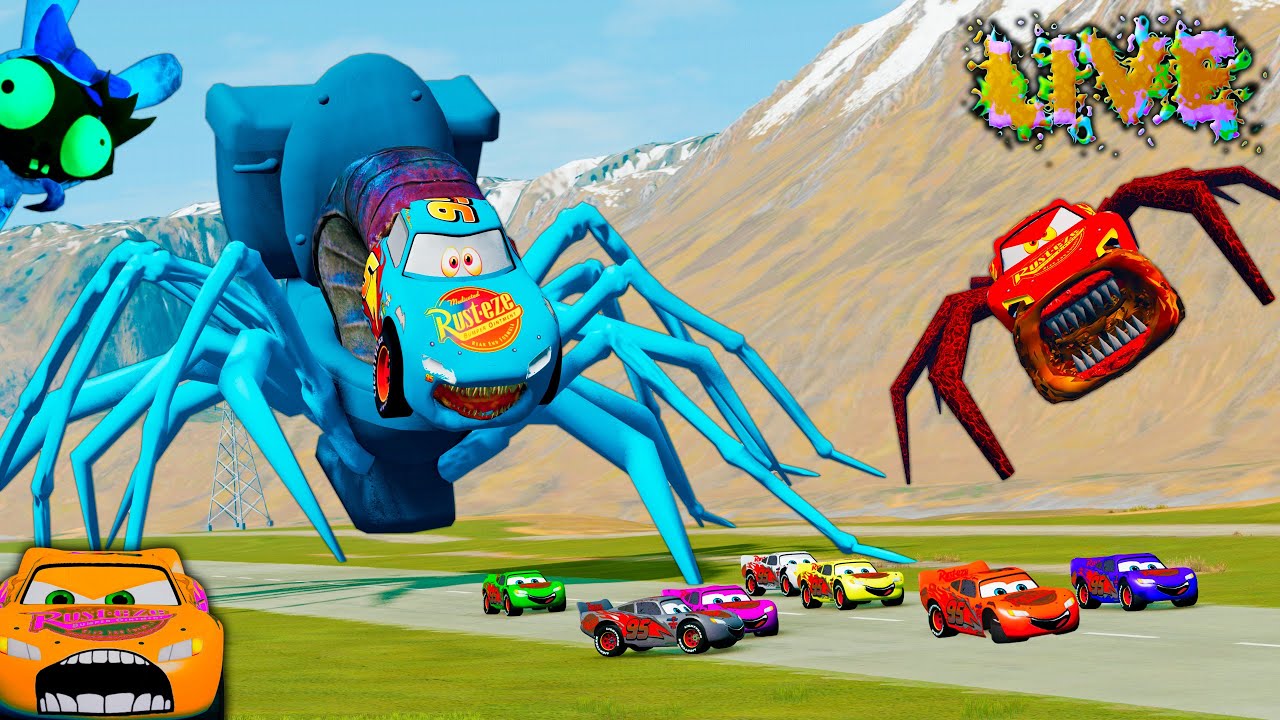 LIVE: Lightning McQueen vs. SCARY MONSTERS in BeamNG.Drive! Spiders, Head Eaters & Crazy Escapes!