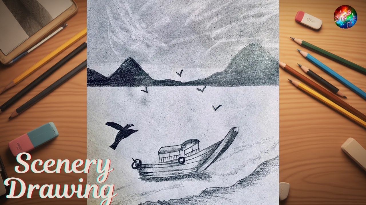 Easy Boat Scenery Drawing | Riverside village Scenery |  boat scenery drawing 