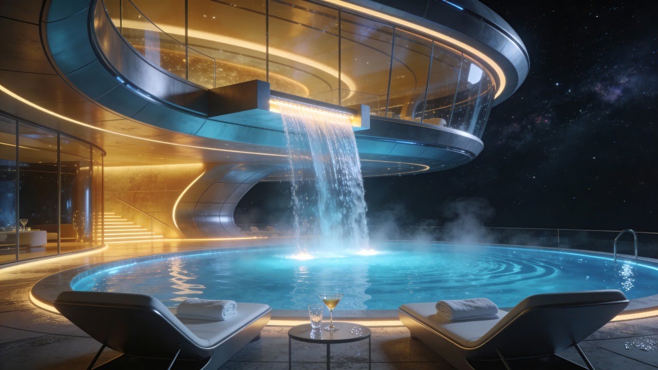 Luxury Orbital Spa in Deep Space 🌌 Zero Gravity Pool & Waterfall | 4K Sci-Fi Relaxation