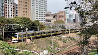 JR四ツ谷駅〜JR市ケ谷駅間の桜並木と桜の花！中央本線回送E353系と中央本線特急あずさ16号東京行きE353系5016M、中央・総武線各駅停車三鷹行きE231系1179BA531が走行！