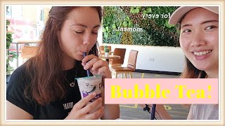 Croatian girl trying bubble tea and dim sum, learning chopsticks! - Bristol trip cultural exchange.
