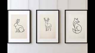 Minimalist Animal Line Art - Fox Deer Rabbit Wall Art Modern Nursery Home Decor
